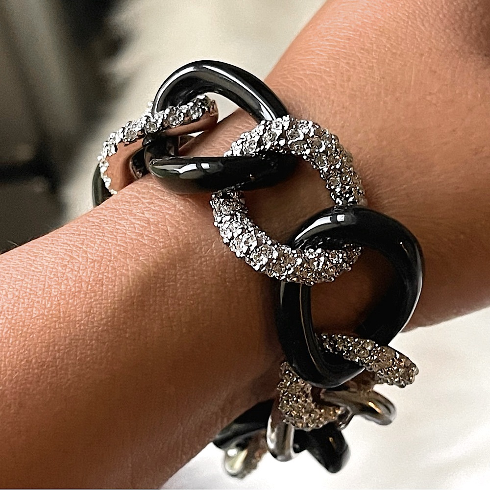 JOAN BOYCE | Vintage | Chunky Black Acrylic Silver Crystals Pave Links Bracelet